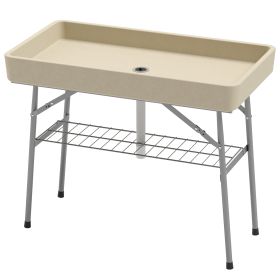 3.4ft Folding Ice Cooler Table With Drain, Fill And Chill Table Outdoor Table Cooler With Storage Shelf, Drink Cooler For Parties Picnic BBQ Camp (Color: Beige)